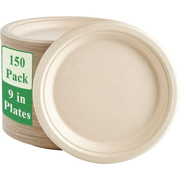 150 Pack Paper Plates 9 inch 100% Compostable, Heavy-Duty Disposable Paper Plates Bagasse Natural Biodegradable Eco-Friendly Sugarcane