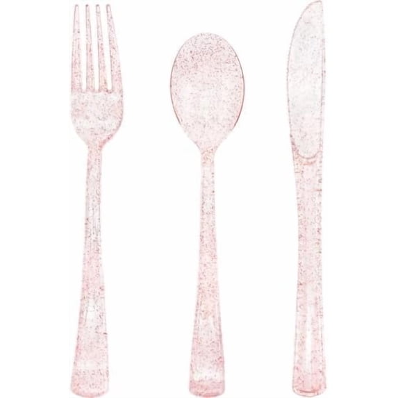 150 Pack Pink Glitter Plastic Silverware Disposable, Baby Shower Cutlery, 50 Pink Forks, 50 Rose Gold Spoons, 50 Rose Gold Knives for Brithday, Wedding, Baby Shower