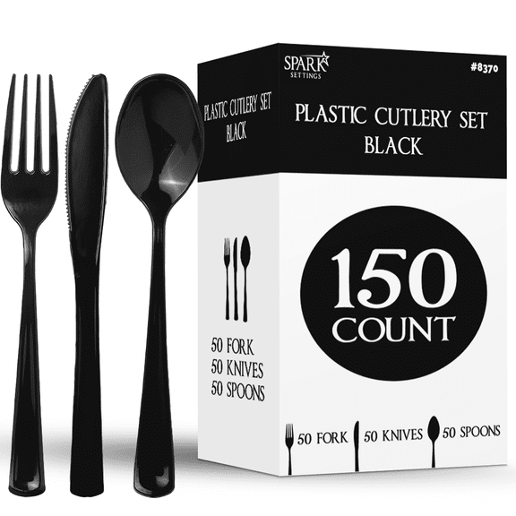 150 Pack Plastic Silverware Heavy Duty, Black Disposable Cutlery, 50 Spoons, 50 Forks, 50 Knives, Plastic Utensils Set for Home Office School Party Picnics Weddings & More - SparkSettings