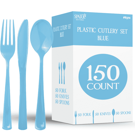 150 Pack Plastic Silverware Heavy Duty, Blue Disposable Cutlery, 50 Spoons, 50 Forks, 50 Knives, Plastic Utensils Set for Home Office School Party Picnics Weddings & More - SparkSettings