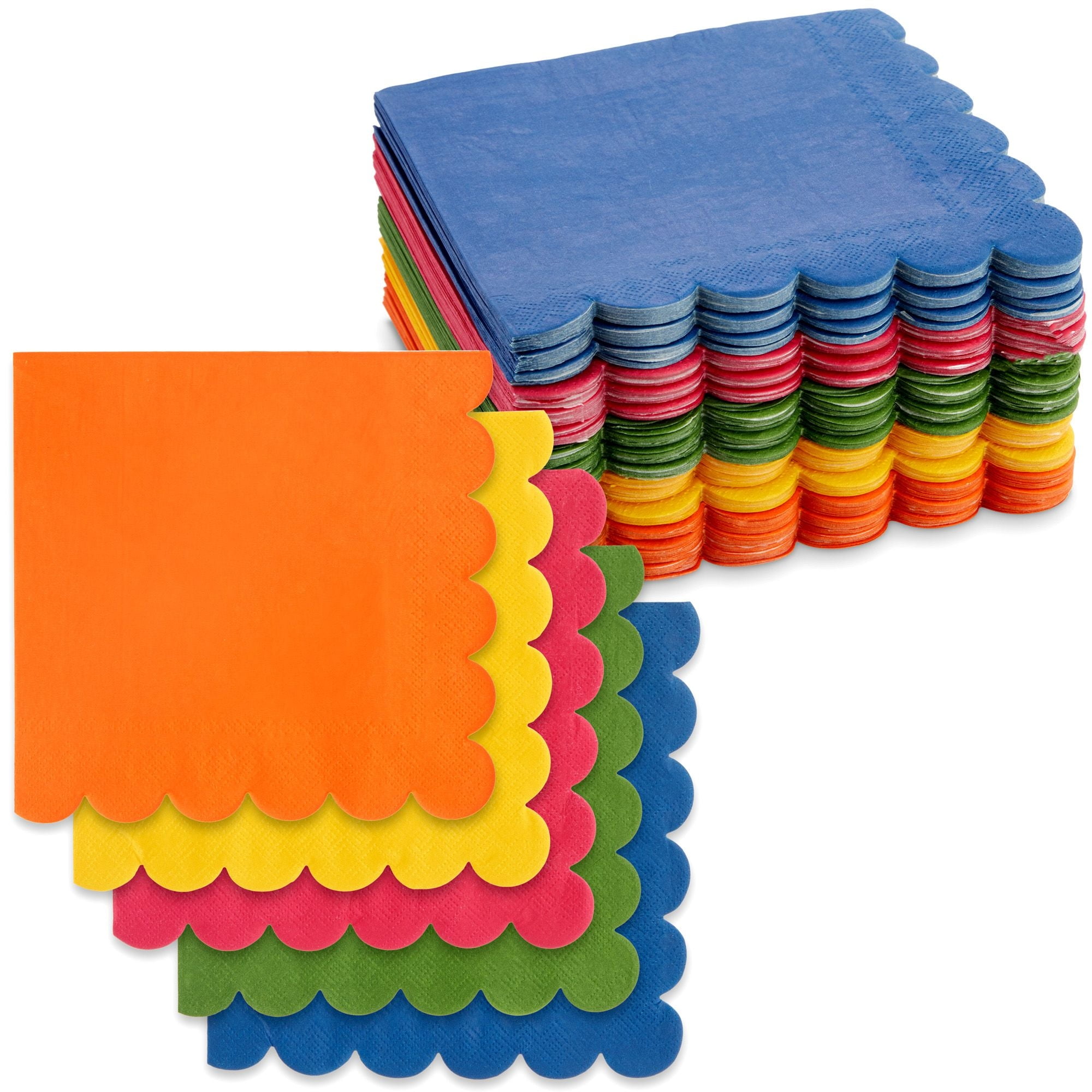 SPARKLE AND BASH 150 Pack Rainbow Colored Scalloped Napkins for Fall, Fiesta, Birthday Parties (6.5 x 6.5 In, 5 Colors)