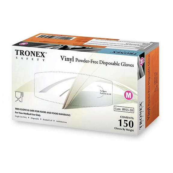 150 Pack Tronex Vinyl Powder-Free Disposable Gloves, Food Safe, Value Pack, Clear, Medium (Box of 150)