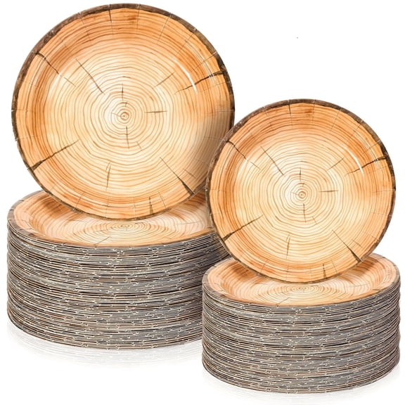 150 Pack Wood Grain Paper Plates 7 inch and 9 inch Round Brown Paper Plates, Rustic Paper Plates Disposable Wood Party Plates for Forest Theme Party, Picnic, Wedding Table