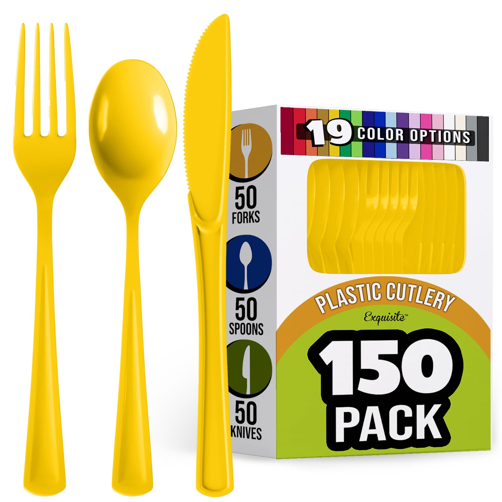 150 Pack Yellow Plastic Cutlery Set, Plastic Silverware Heavy Duty