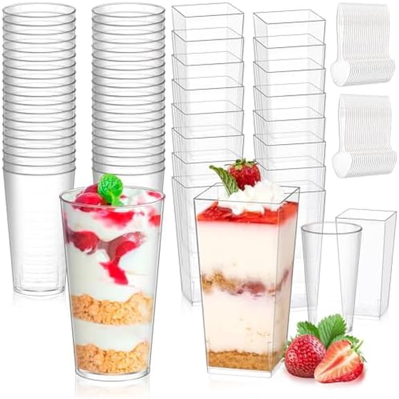 150 Packs Mini Dessert Cups with Spoons, 3oz Clear Plastic Dessert Parfait Cups for Parties, Small Dessert Shooters Fruit Ice Cream Pudding Treat Appetizer Cups (Round, Square)
