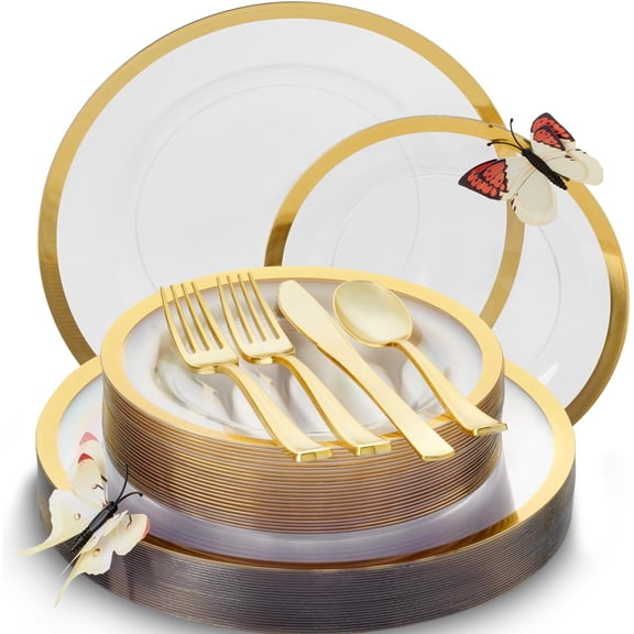 150 Pc Clear Rose Gold Party Plates and Utensils Set – Fancy Disposable Dinnerware Set with Gift of 3D Butterfly for Table Decor – Perfect as Bridal Shower Plates (25 Guests)