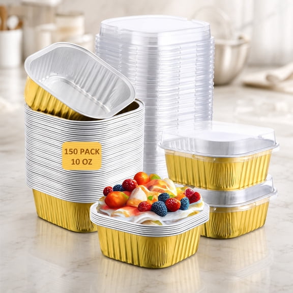 150 Pcs 10 oz Mini Cake Pans with Lids Aluminum Foil Baking Cups Disposable Square 4 x 4 Inch Large Muffin Tin for Cheesecake Brownies Desserts