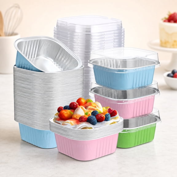 150 Pcs 10 oz Mini Cake Pans with Lids Aluminum Foil Baking Cups Disposable Square 4x4 Muffin Pans for Cheesecake Brownie Pudding Dessert Baking