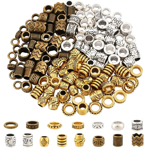 150 Pcs 15 Styles African Hair Beads Beard Beads Big Hair Beads Tibetan Style Alloy Dreadlock Beads African Beads for Men Women Hair Braids Hair Decoration Silver/Golden/Bronze Hole 5-9mm