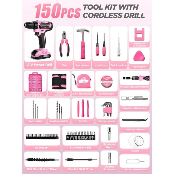150 Pcs 21V Pink Drill Set - 21V Power Drill Tool Kit with Storage Bag, Precision Screwdriver Set, Magnetic Wristband, and Tool Box for  Projects
