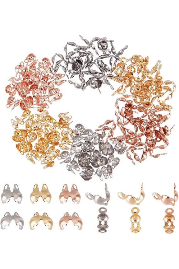 150 Pcs 3 Colors 304 Stainless Steel Crimp Beads Tips 6x4mm/8x4mm Open Clamshell Fold-Over Bead Tips Knot Covers End Caps Knots Crimp Findings for Jewelry Making Bracelets Necklaces for DIY