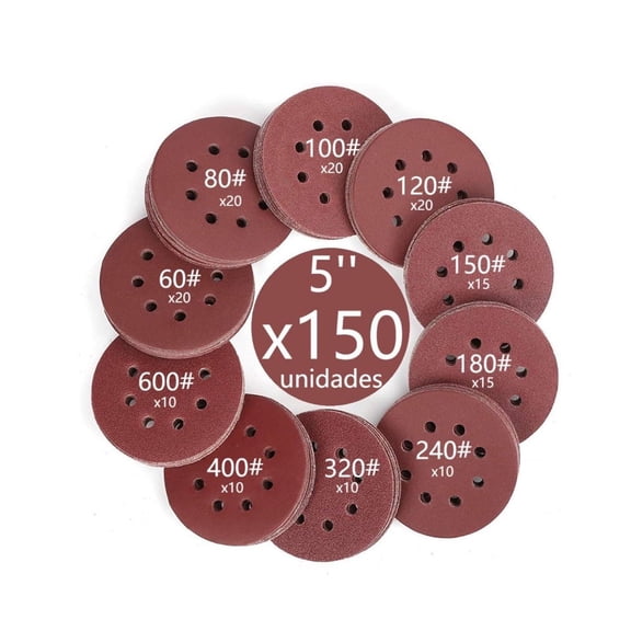 150 Pcs 5 inch Sanding Discs 40 60 80 120 150 180 240 320 400 600 Grit 8 Hole Hook and Loop Round Sandpaper for Random Orbital Sander