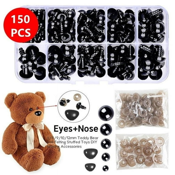 150 Pcs 6-12mm Plastic Safety Eyes with Washers for Doll Making (Black)