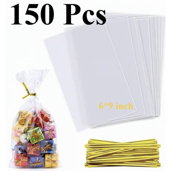 150 Pcs 6 x 9 inch Flat Cellophane Treat Bags with Twist Ties Opp Treat Good Bags for Party Wrapping Food Storage Clear