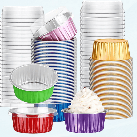150 Pcs Aluminum Foil Baking Cups with Lids 5 oz Disposable Ramekins for Baking Aluminum Pans Dessert Baking Cups Holders Muffin Tin for Bakery Birthday Wedding Party, 6 Colors