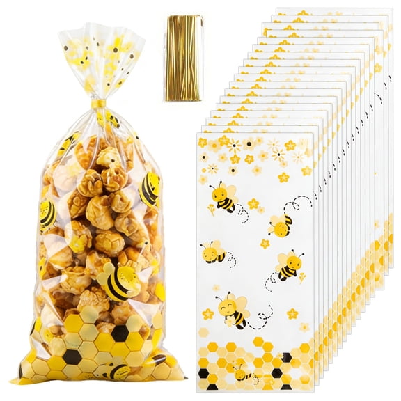 150 Pcs Bee Theme Gift Bags with Gold Twist Ties, Clear Bee Party Favor Bags with Daisy and Honeycomb Print, Spring Party Treat Bags for Candy Snacks Small Gifts, Bee Party Decorations Supplies