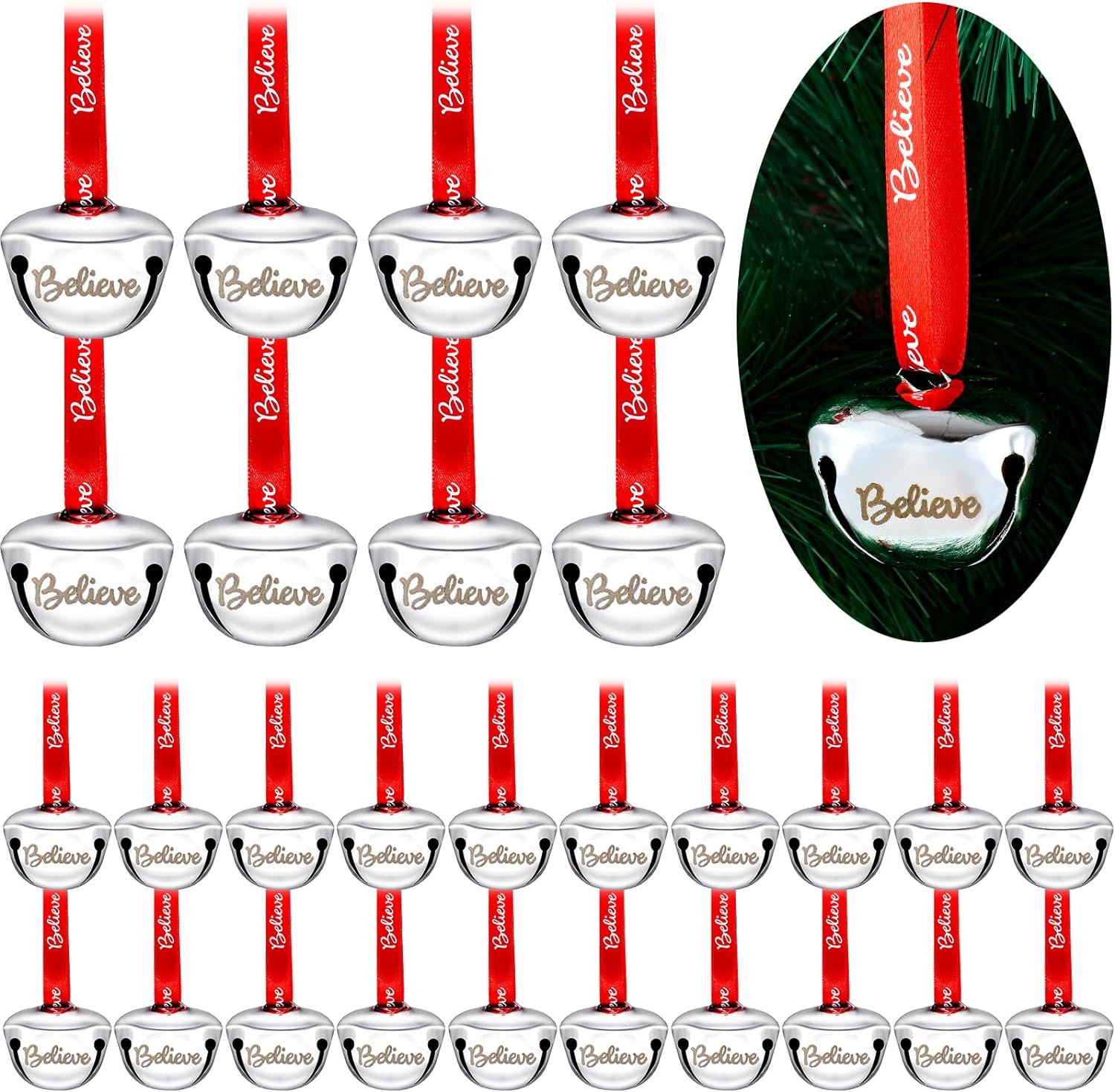 150 Pcs Believe Bell Ornament Christmas Sleigh Bell with Red Ribbon