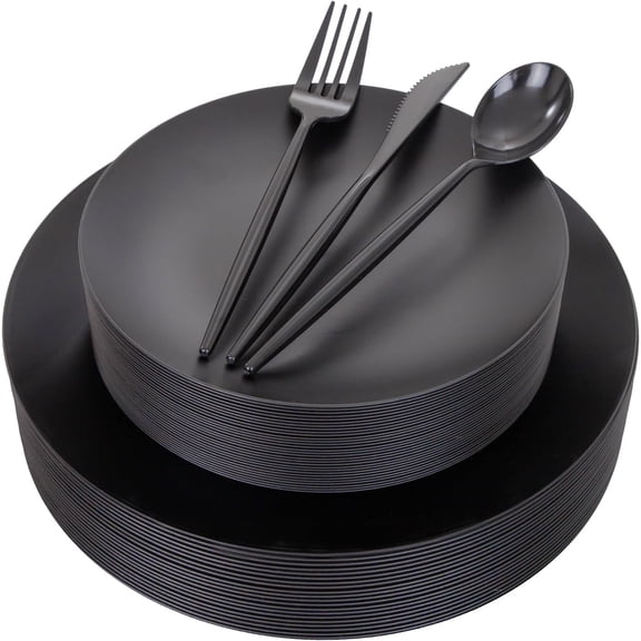 150 Pcs Black Frosted Plastic Plates Set with Silverware 10.25 Inch Dinner and 7.5 Inch Dessert Plates