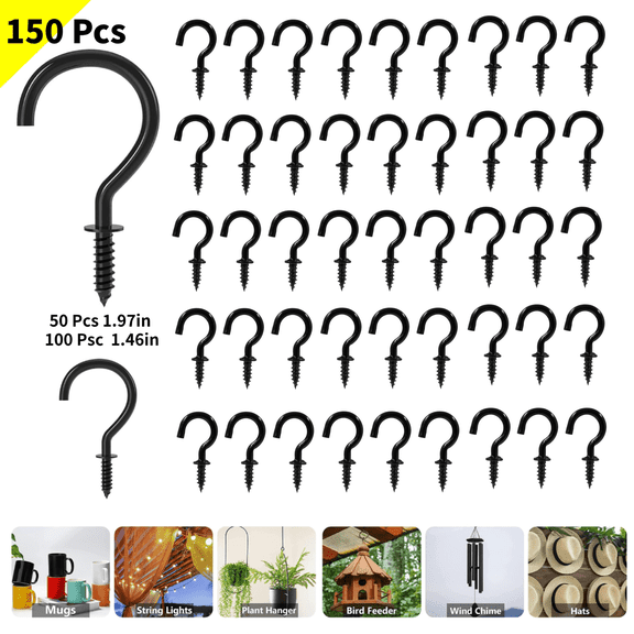 150 Pcs Black Screw Hooks, 2 Sizes of Cup Hooks, Heavy Duty Screw in Hooks, Ceiling Hooks for Hanging Plants, String Lights, 1 Inch and 1-1/2 Inch