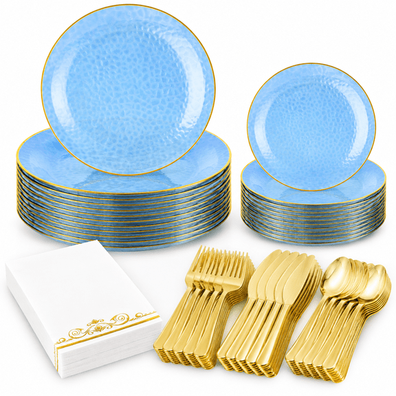 150 Pcs Blue Plastic Dinnerware Set, Disposable Plates for 25 Guests