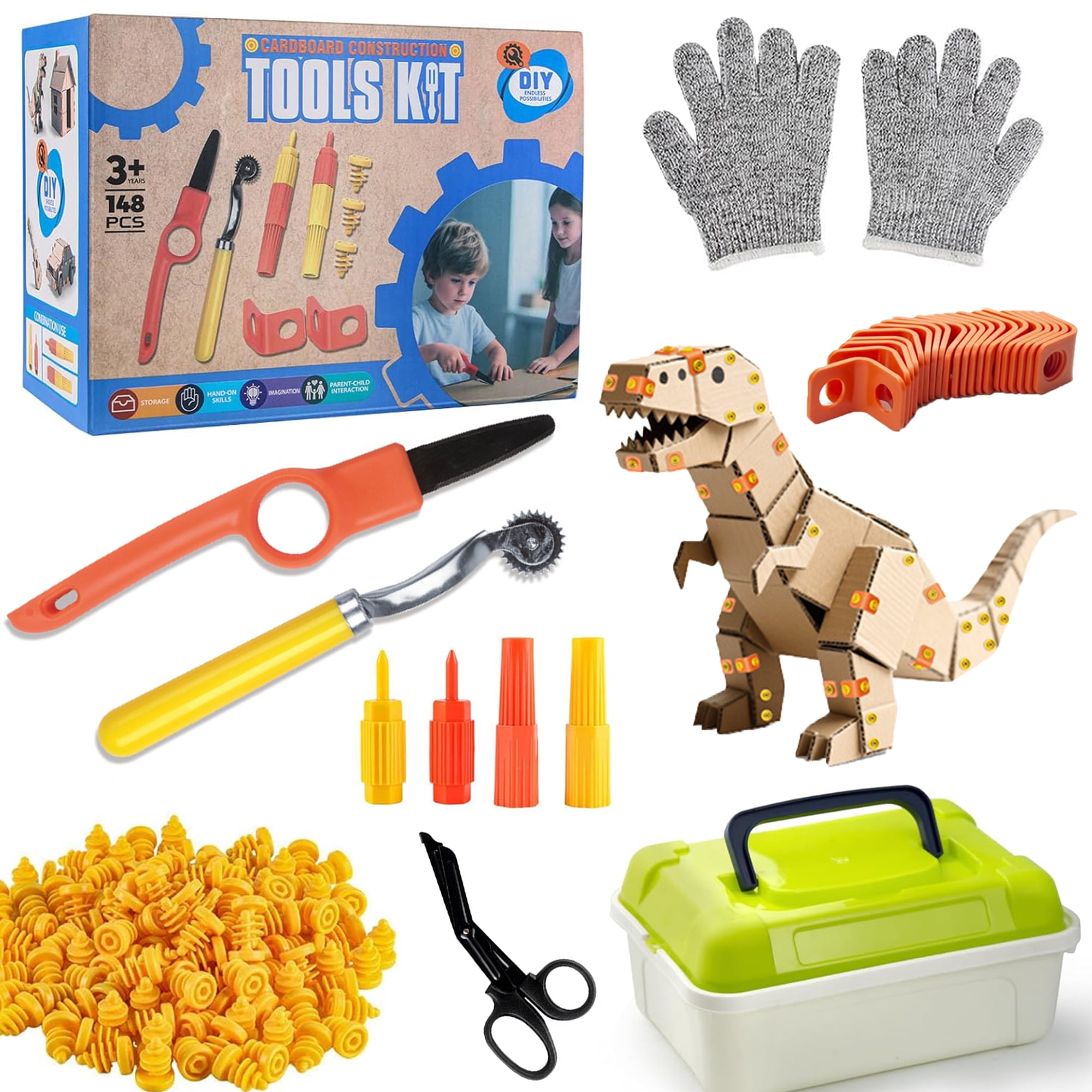 150 Pcs Cardboard Cutting Tools for Kids,Reusable Safe Cardboard Construction Kit with Storage Box,Gloves,Screws,Connectors,Screwdriver,Roller,Creative Tool for DIY Cardboard Engineering Projects