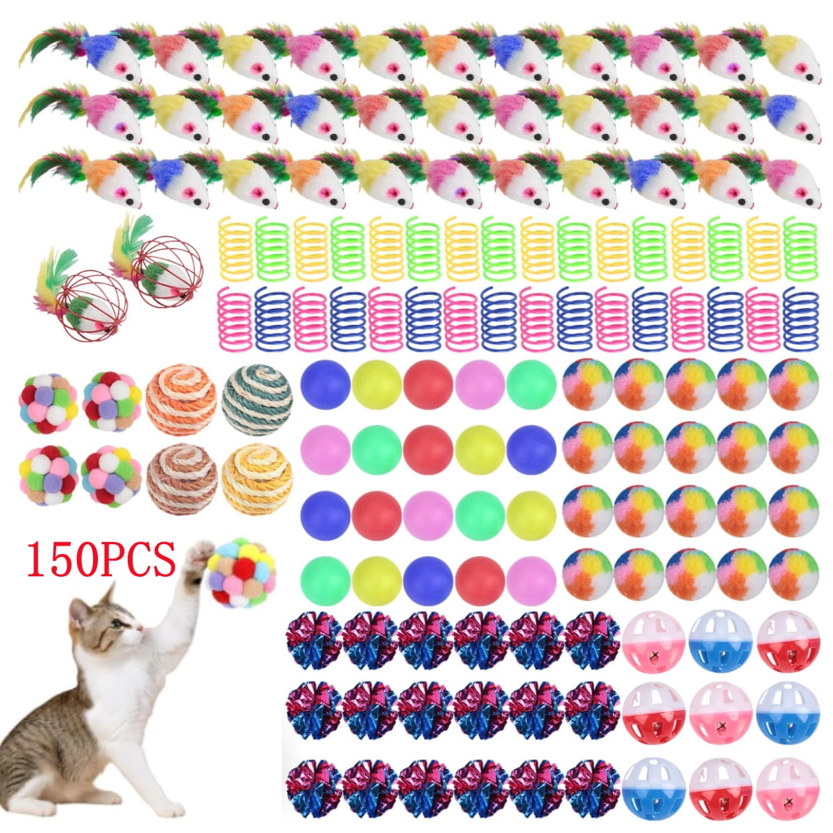 150 Pcs Cat Toys Bulk, Kitten Toys Assorted Cat Toy Variety Pack Cats Toy Bundle with Mice Rainbow Balls/Springs Crinkle Balls/Lattice/Sisal/Table Tennis/Plush/Caged Bell for Indoor Cats Kitty Kitten