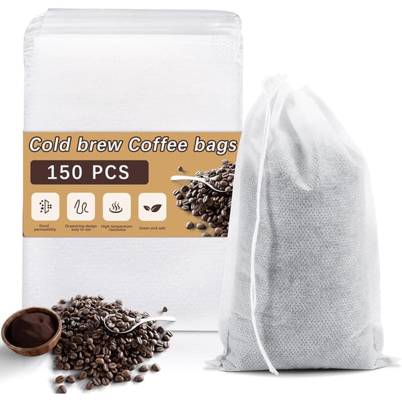 150 Pcs Cold Brew Bags 4x6 inch, No Mess Disposable Cold Brew Coffee Filter Pouches with Drawstring Large Empty Tea Bag for Loose Leaf Tea, Iced Coffee, Herbs, Spice, Home brewing, Hot pot