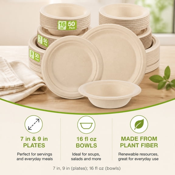 150 Pcs Compostable Paper Plates and Bowls Set, 7 Inch Plates and 16oz Biodegradable Bowls, Disposable Tableware for Party, Picnic, Dinner, 50-Person Bulk Pack