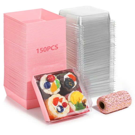 150 Pcs Disposable Cake Containers with Lids, Charcuterie Boxes, Square Pink Dessert Storage, Transparent Plastic Covers, Includes 1 Roll Cotton String for Easy Packaging