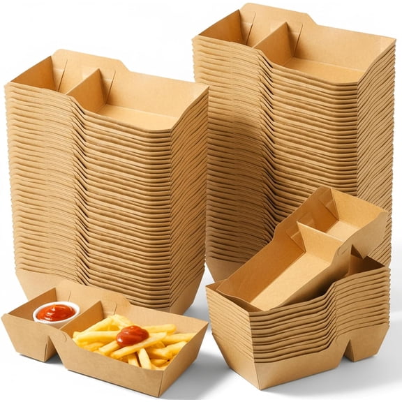 150 Pcs Disposable Nacho Boat Trays 2 Compartment Paper Food Snack Holder Containers Grease Resistant Heavy Duty Food Trays for Party, Concession Stands, and Movie Nights