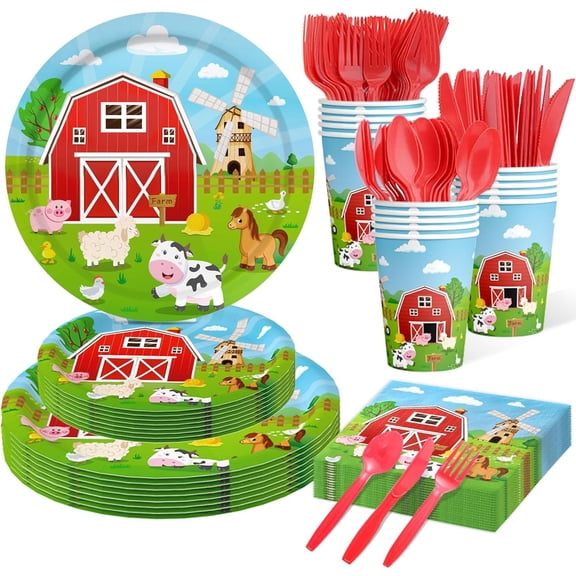 150 Pcs Farm Animal Birthday Party Decorations Farm Plates Tableware Barnyard Farm Birthday Party Supplies Serves 25 Farm Themed Cups, Farm Animal Napkins Red Knife/Fork/Spoon Y114