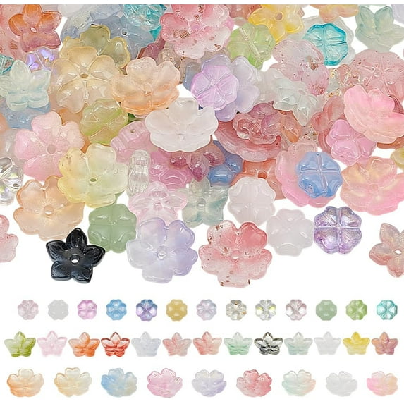 150 Pcs Glass Flower Beads 3 Styles Colorful Crystal Clover Handmade Lampwork Beads Floral Leaves Spacer Loose Beads for Jewelry Necklace Bracelet Earring Making