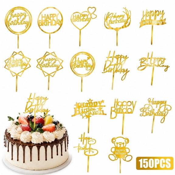 150 Pcs Gold Acrylic Cake Toppers Set, Glitter Dessert Decorations with Heart and Antler Designs for Birthday Parties and Celebrations, Reusable Cake Decor for Cupcakes and Desserts