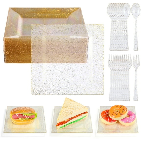 50 Pcs Gold Glitter Plastic Dinnerware Set for 50 Guests, Disposable Square Appetizer Plates for Party, Weddings, Include: 50 Dinner Plates, 50 Spoons and 50 Forks