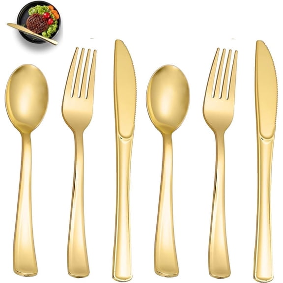 150 Pcs Gold Heavy Duty Disposable Plastic Silverware Set, 7.4In Forks 6.9In Spoons 7.9In Knives for Weddings, Parties & Holidays