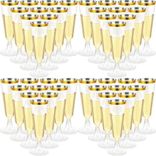 150 Pcs Gold Plastic Champagne Flutes - Clear Disposable Crystal Wine Glasses for Wedding Toasting, Party Cocktail Cups