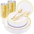 thumbnail image 1 of 150 Pcs Gold Plastic Plates, Plastic Dinnerware Set Includes: 25 Dinner plates 10.25", 25 Dessert plates 7.5", 25 gold Cups 9OZ and 25 gold Cutlery for Party, 1 of 8