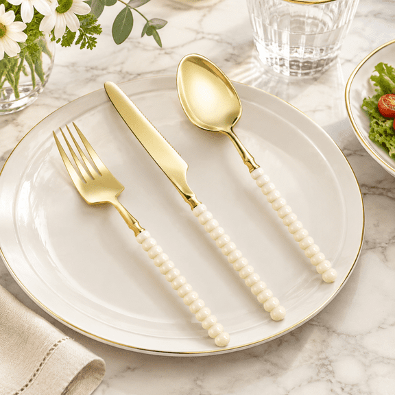 150 Pcs Gold Plastic Silverware with Ivory Beads Handle