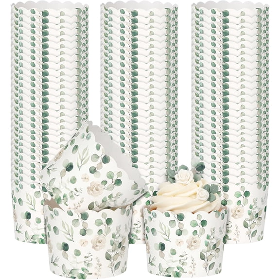 150 Pcs Green Eucalyptus Leaf Paper Baking Cups Greaseproof Disposable Cottagecore Cupcake Liner Greenery Cupcake Muffin Case for Spring Summer Wedding Bridal Baby Shower Birthday Party Decor