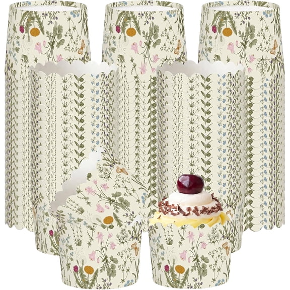 150 Pcs Green Leaves Wildflower Cupcake Wrappers Liners Cottagecore Floral Paper Baking Cups Disposable Cupcake Muffin Case for Farmhouse Spring Picnic Garden Wedding Birthday Tea Party Decor