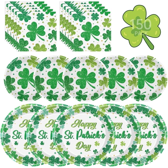 150 Pcs Happy St Patricks Day Plates and Napkins Set - Disposable St. Patrick's Day Tableware kit, Green Shamrock Paper Dinner Dessert Plates Dinnerware for St Patrick Day Party Decorations, Serve 50