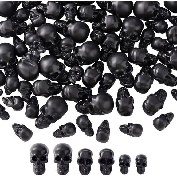 150 Pcs Head Beads 3 Sizes Black Plastic Figurine Spooky Skulls Miniature Skulls Vase Filler Table Decorations for Party Haunted House Accessories