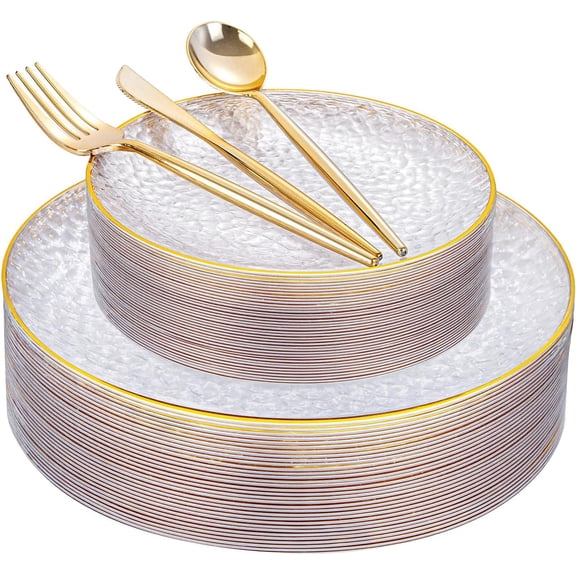 150 Pcs Heavy Duty Clear Plastic Plates with Gold Rim Hammered Design Set Including Dinner Dessert Plates and Silverware