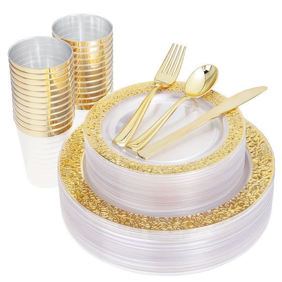 150 Pcs Lace Gold Disposable Plastic Tableware Set, Clear Gold Plates Cups Cutlery for Wedding & Party