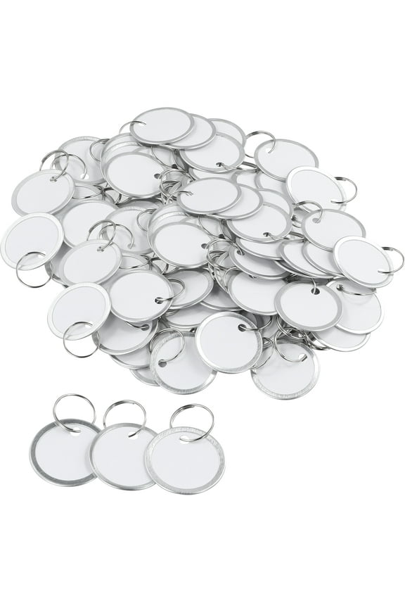 150 Pcs Metal Rim Tags, White Key Tags with Metal Split Rings, 1.22" Blank Round Paper Tags, Small Key Labels, Writable Key Chain Tags for Backpack, Luggage