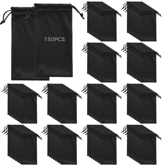 150 Pcs Microfiber Sunglasses Pouches, Soft Black Drawstring Storage Bags for Glasses, Eyewear Organizers, Portable Protective Cases for Jewelry and Small Valuables