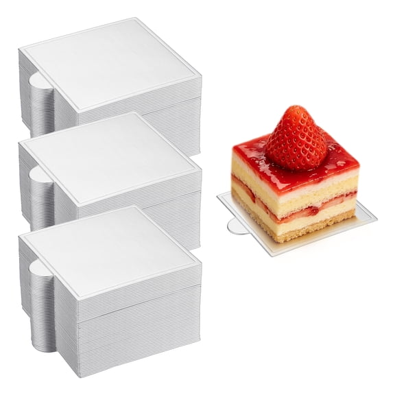 150 Pcs Mini Cake Boards, 2.8 Inch Mousse Cake Base, Square Paper Cupcake Dessert Displays Tray for Baking Wedding Birthday Party DIY Dessert Base, Silver