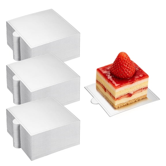 150 Pcs Mini Cake Boards, 3.5 Inch Mousse Cake Base, Square Paper Cupcake Dessert Displays Tray for Baking Wedding Birthday Party DIY Dessert Base, Silver