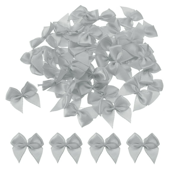 150 Pcs Mini Ribbon Bow 1.2" Mini Fabric Satin Ribbon Flower Bows for Craft DIY Sewing Wedding Party Silver Gray