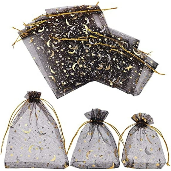 150 Pcs Organza Bags 3 Sizes Rectangle Black Moon and Star Pattern Organza Pouch Drawstring Organza Bags Candy Gift Bags Jewelery Bags for Jewelry Gift Packaging Wedding Christmas